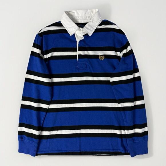 Chaps Rugby Polo Shirt Youth 10-12 M Blue Crest Collar Striped Retro Sport Prep - Picture 1 of 14